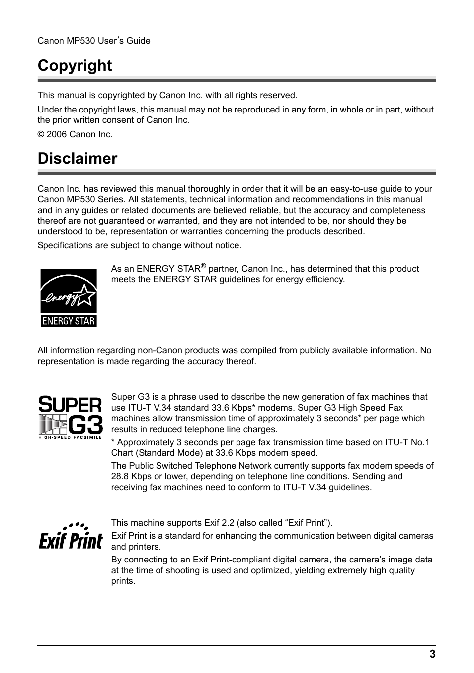 Copyright, Disclaimer, Copyright disclaimer | Canon Pixma MP530 User Manual | Page 5 / 176