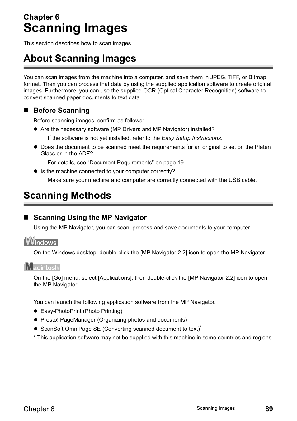 Scanning images, About scanning images, Scanning methods | About scanning images scanning methods, Chapter 6 | Canon Pixma MP530 User Manual | Page 91 / 176