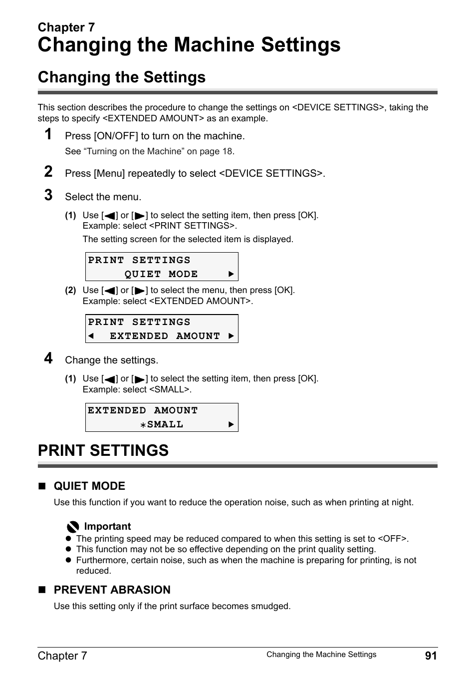 Changing the machine settings, Changing the settings, Print settings | Changing the settings print settings, Chapter 7 | Canon Pixma MP530 User Manual | Page 93 / 176