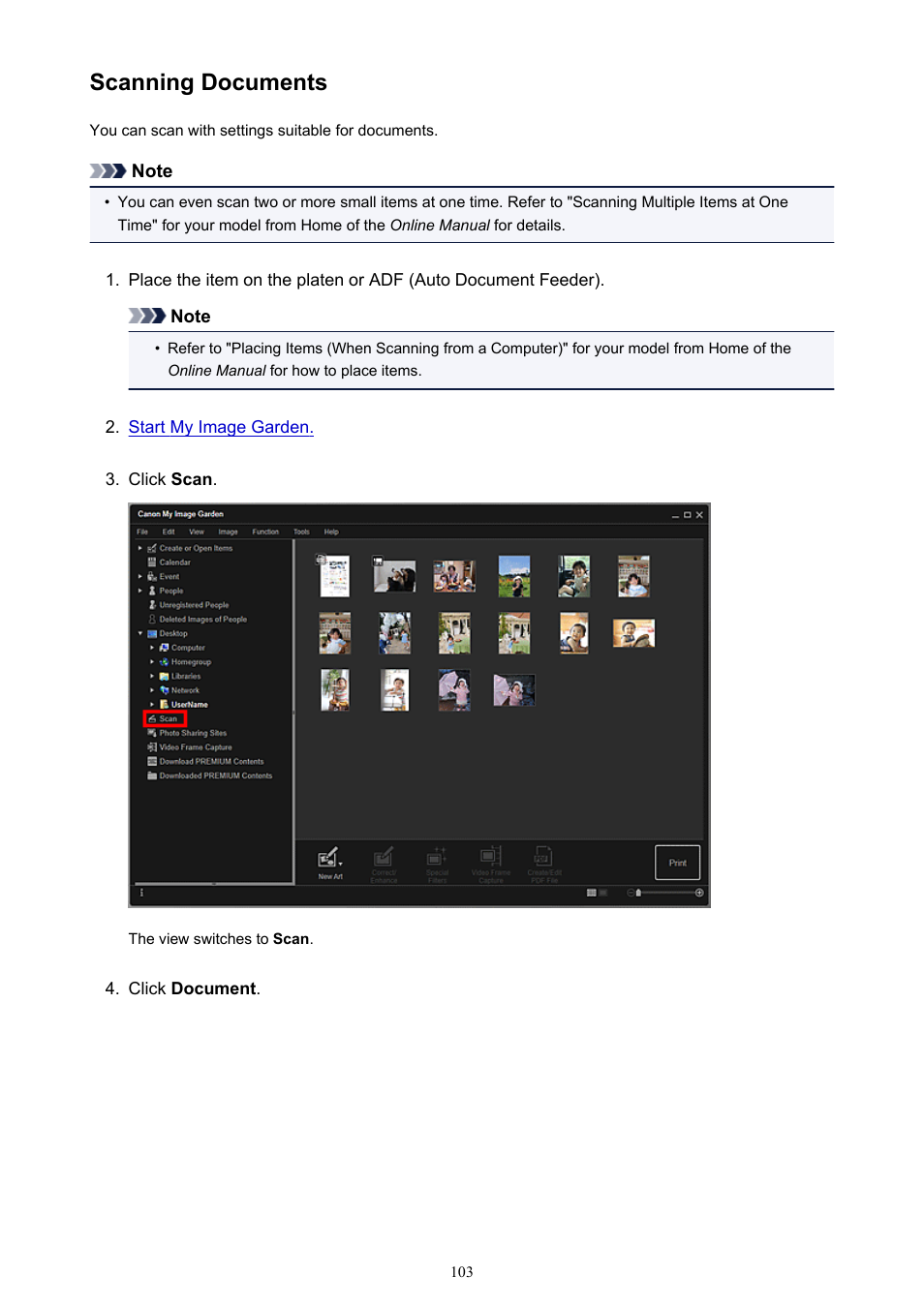 Scanning documents | Canon My Image Garden User Manual | Page 103 / 308