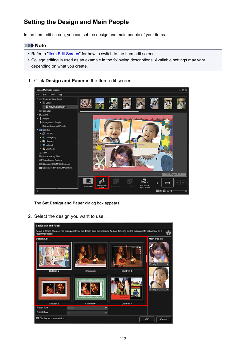 Setting the design and main people, Set the design, paper size , etc., then click ok | Canon My Image Garden User Manual | Page 112 / 308