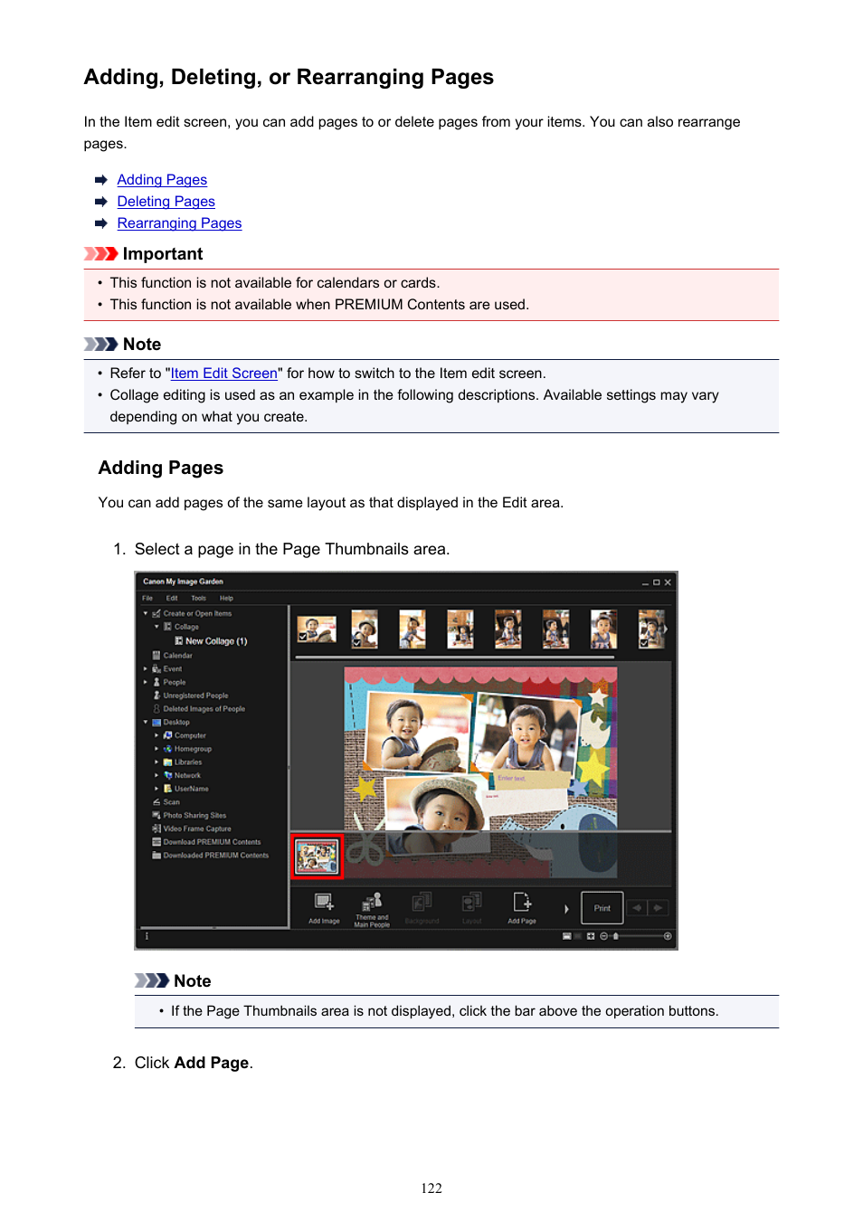 Adding, deleting, or rearranging pages | Canon My Image Garden User Manual | Page 122 / 308