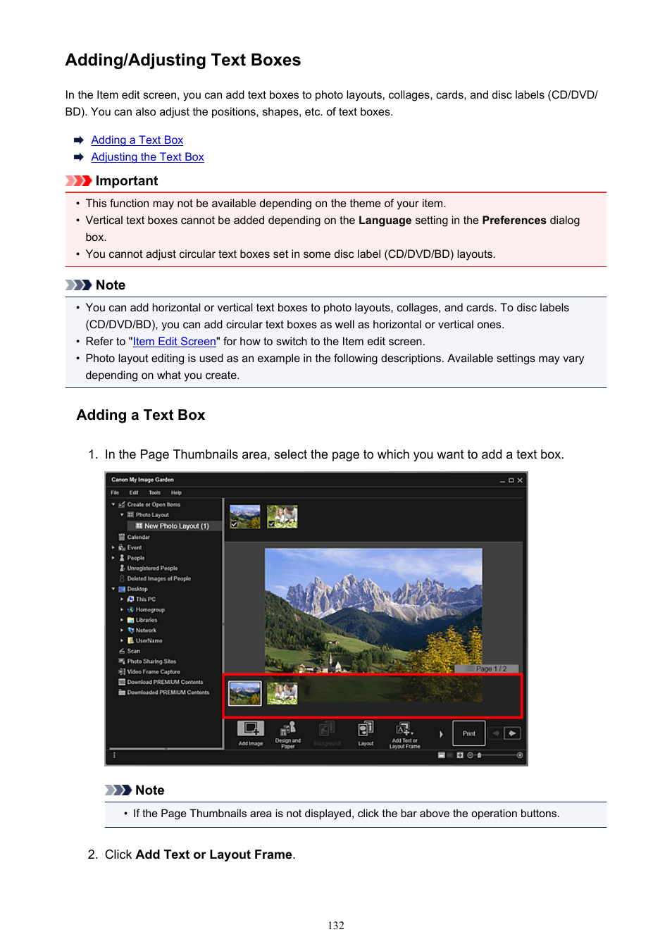 Adding/adjusting text boxes | Canon My Image Garden User Manual | Page 132 / 308