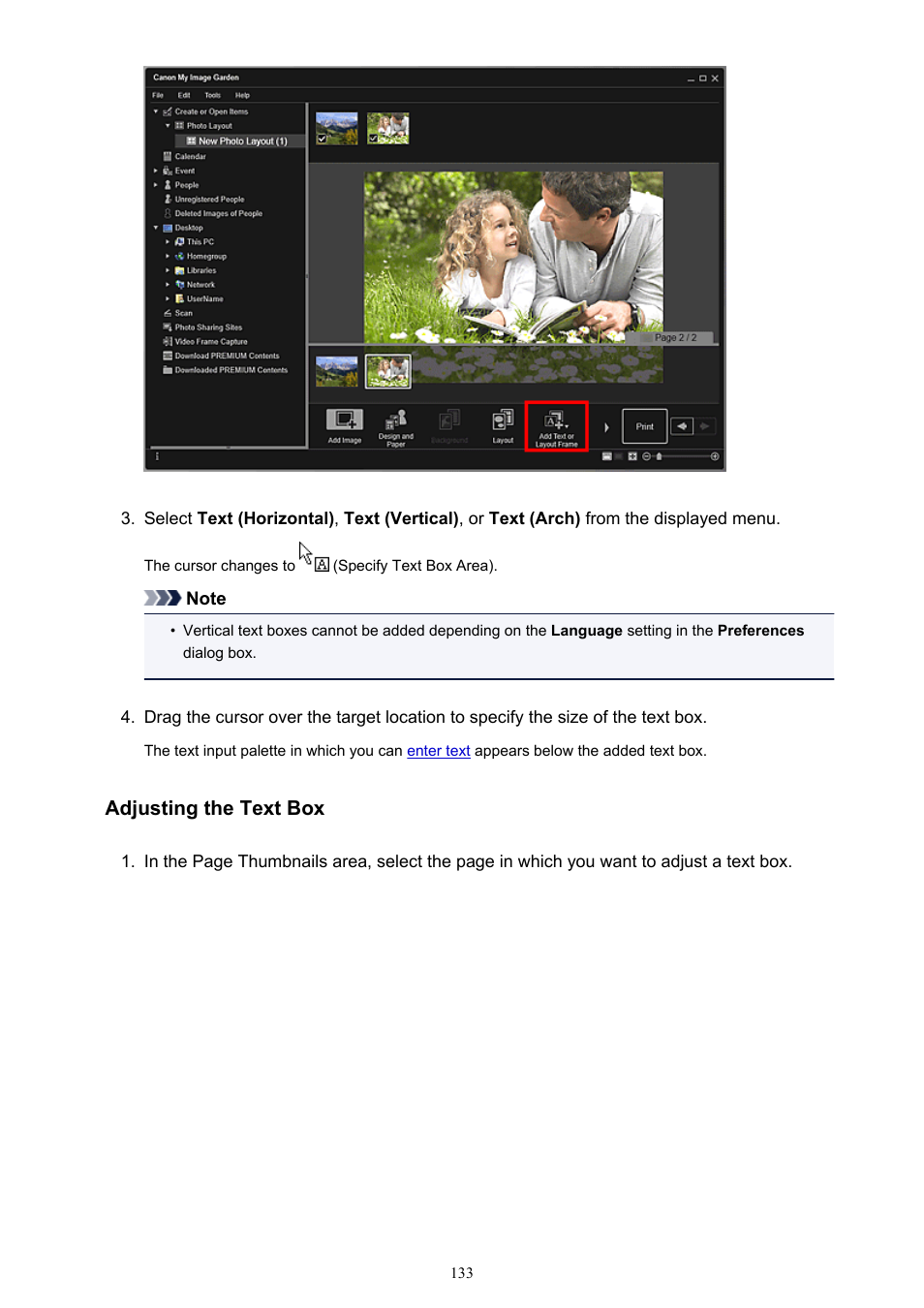 Adjusting the text box | Canon My Image Garden User Manual | Page 133 / 308