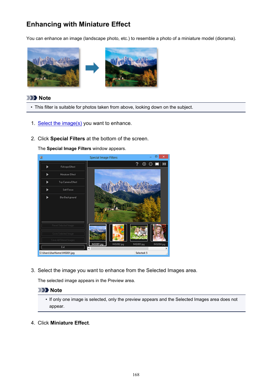 Enhancing with miniature effect | Canon My Image Garden User Manual | Page 168 / 308