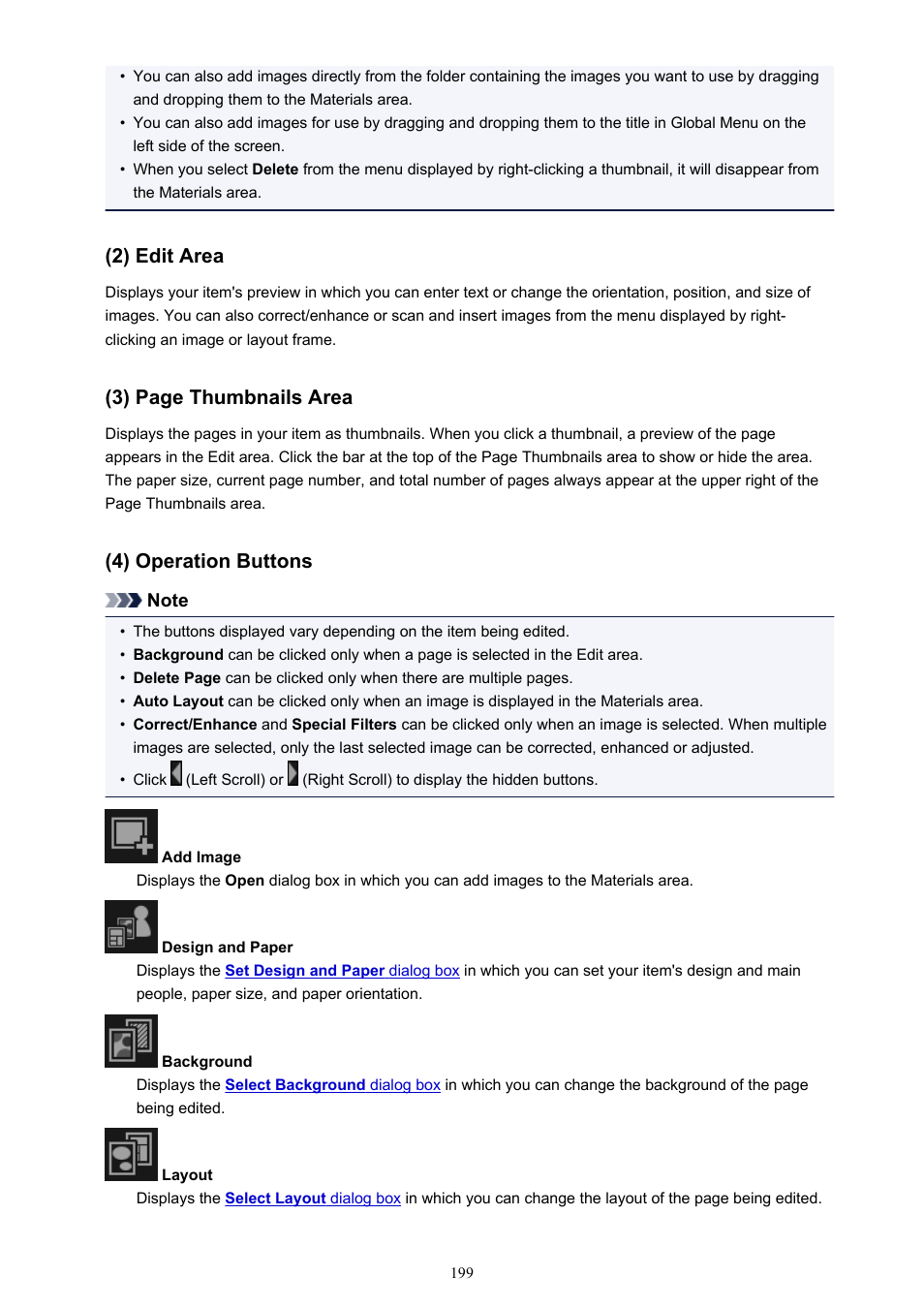 2) edit area, 3) page thumbnails area, 4) operation buttons | Canon My Image Garden User Manual | Page 199 / 308