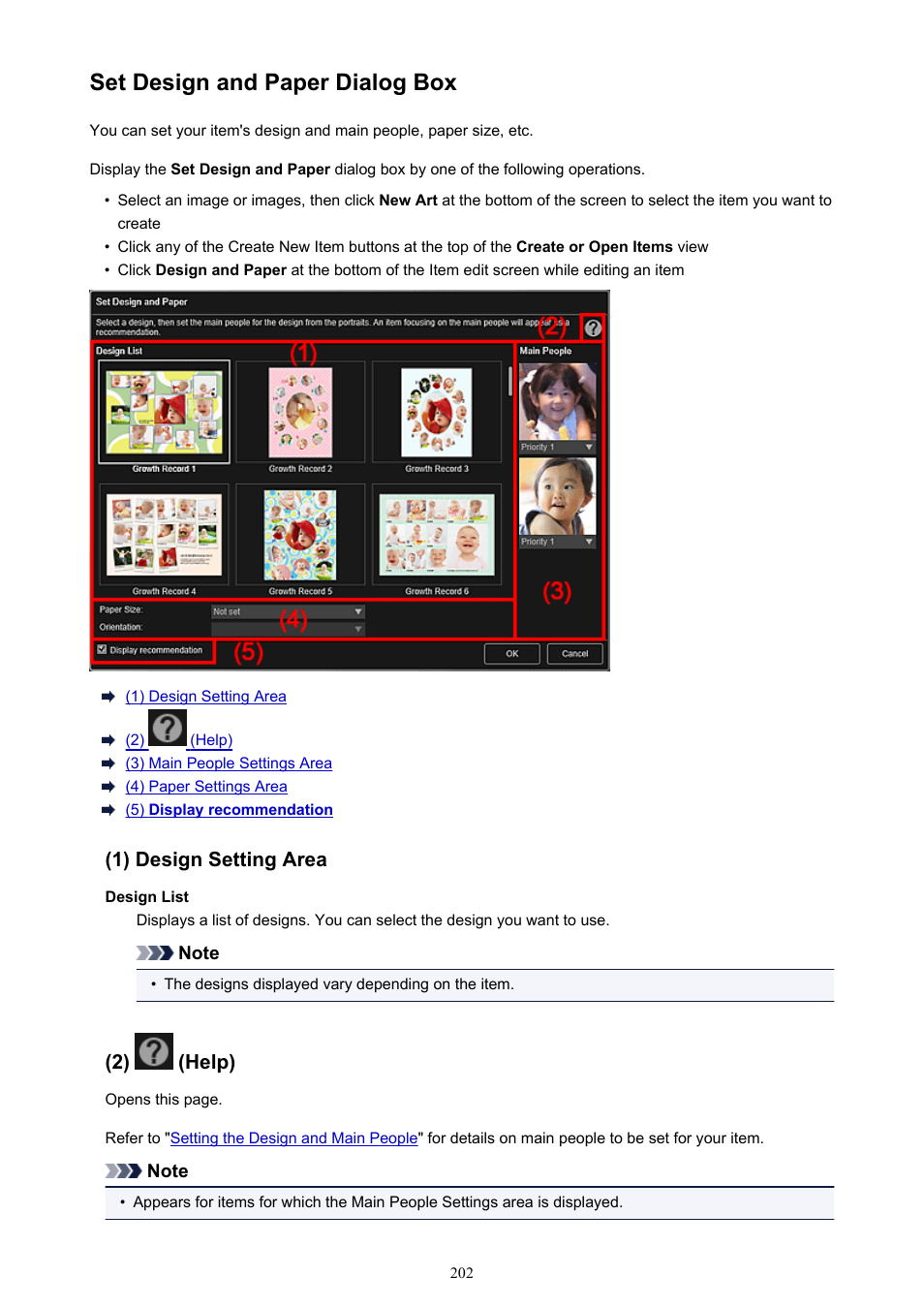 Set design and paper dialog box, Click a button to display the, In which you can set the design, etc. of the | Canon My Image Garden User Manual | Page 202 / 308
