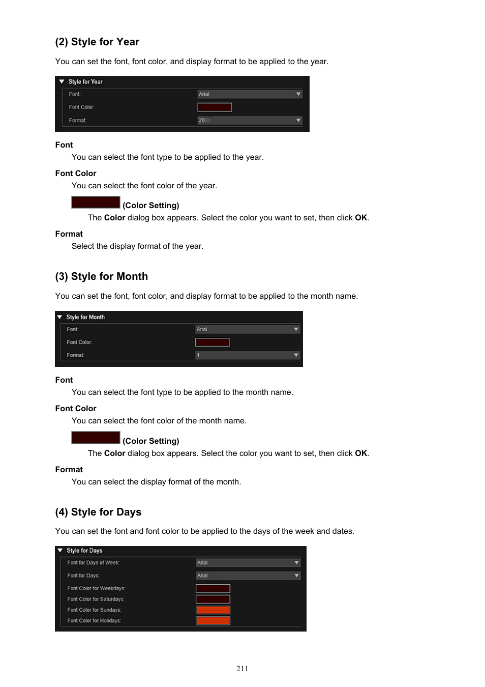 2) style for year, 3) style for month, 4) style for days | Canon My Image Garden User Manual | Page 211 / 308