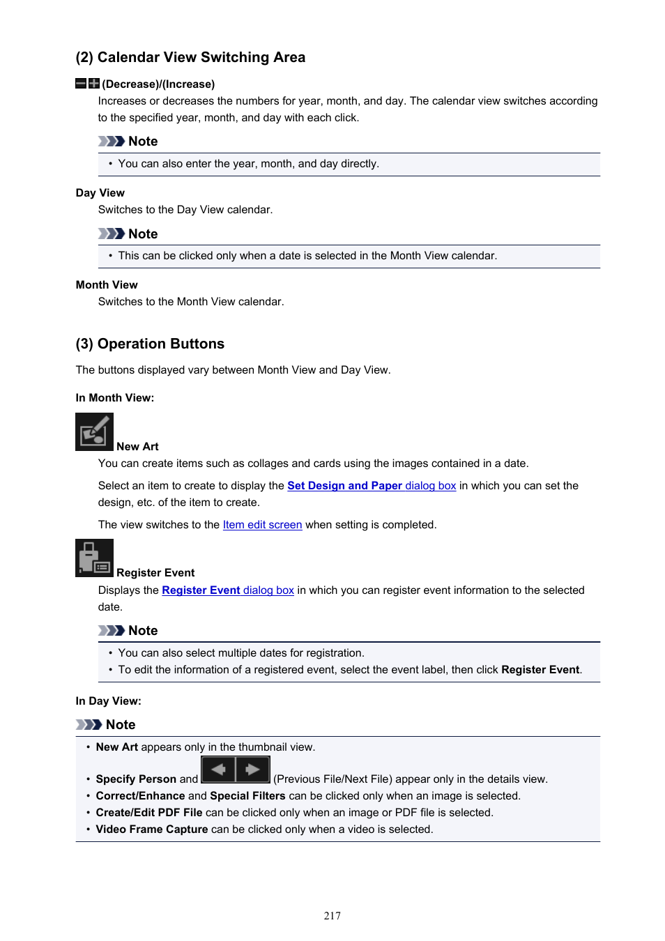 2) calendar view switching area, 3) operation buttons | Canon My Image Garden User Manual | Page 217 / 308