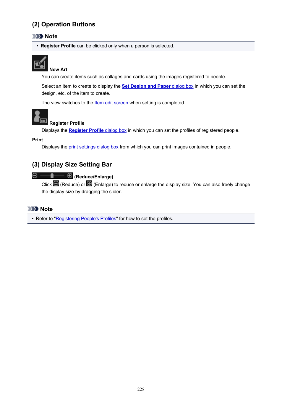 2) operation buttons (3) display size setting bar, 2) operation buttons, 3) display size setting bar | Canon My Image Garden User Manual | Page 228 / 308