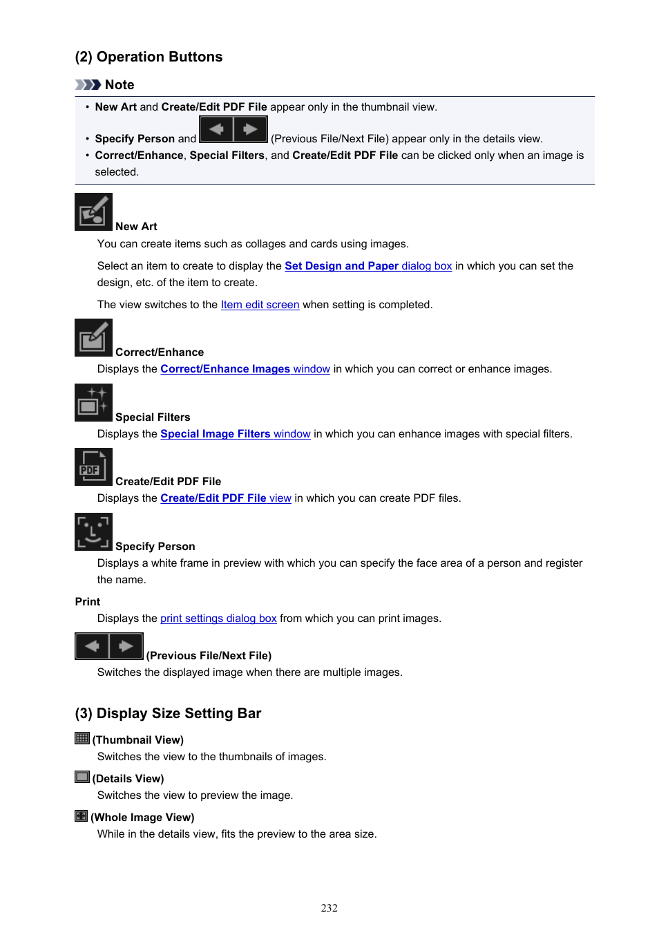 2) operation buttons, 3) display size setting bar | Canon My Image Garden User Manual | Page 232 / 308