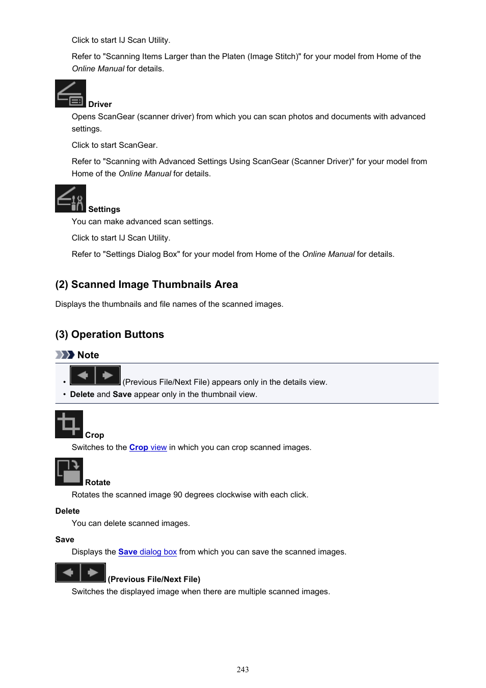 2) scanned image thumbnails area, 3) operation buttons | Canon My Image Garden User Manual | Page 243 / 308