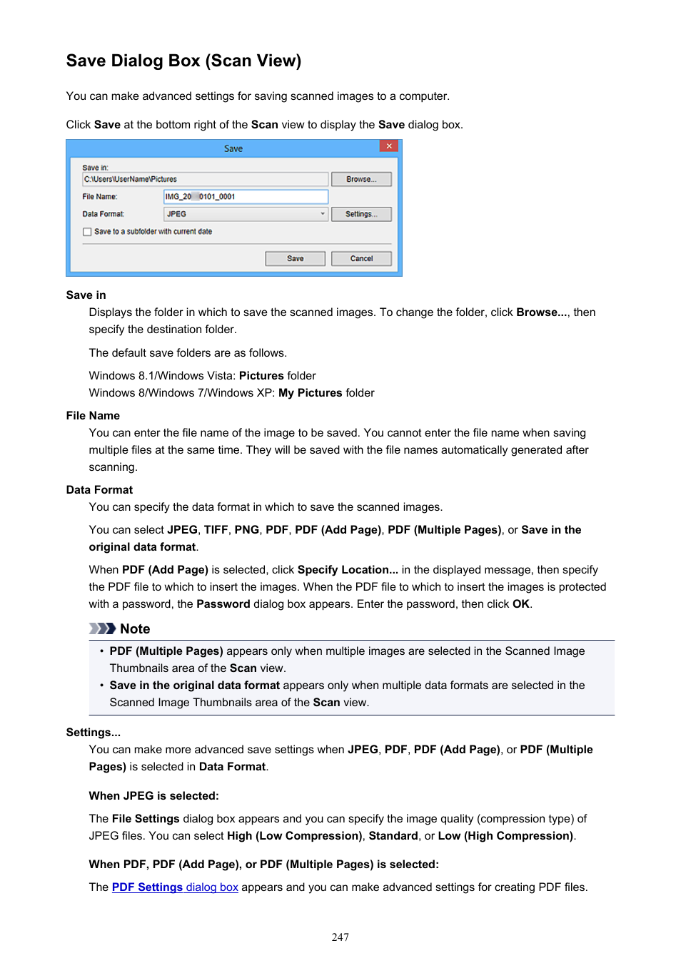 Save dialog box (scan view), Save dialog box ( scan view), Save dialog box | From which you can save the scanned images | Canon My Image Garden User Manual | Page 247 / 308