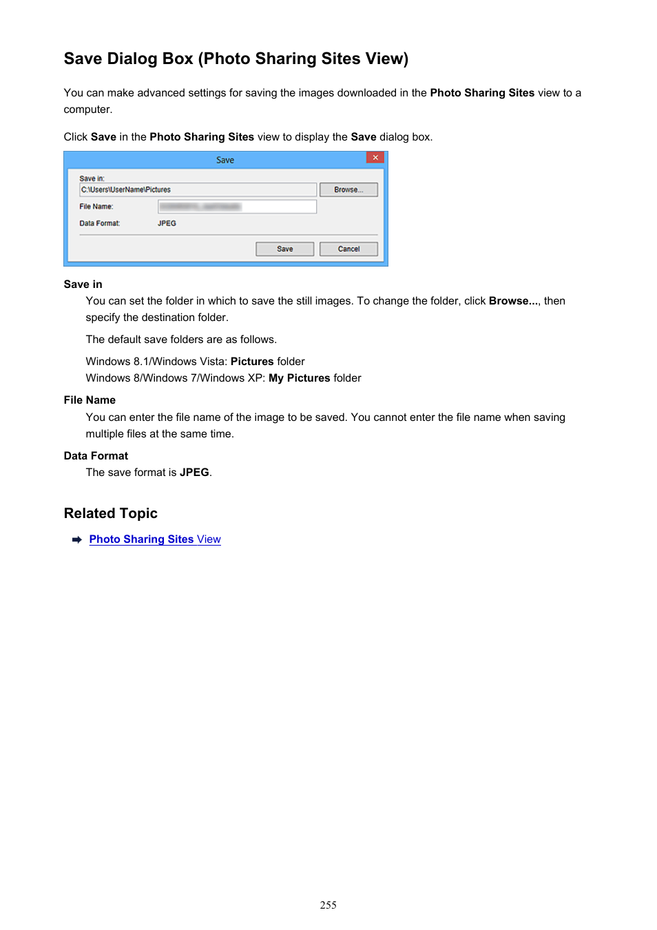 Save dialog box (photo sharing sites view), Save dialog box ( photo sharing sites view) | Canon My Image Garden User Manual | Page 255 / 308
