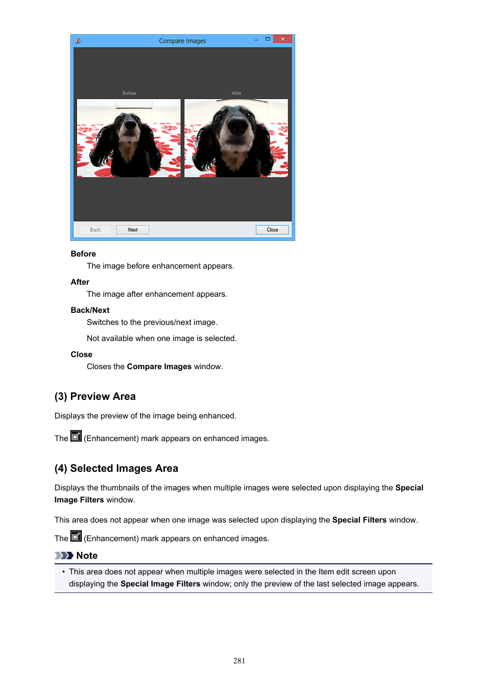 3) preview area (4) selected images area, 3) preview area, 4) selected images area | Canon My Image Garden User Manual | Page 281 / 308