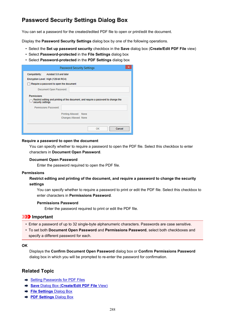 Password security settings dialog box, Select this checkbox to display the | Canon My Image Garden User Manual | Page 288 / 308