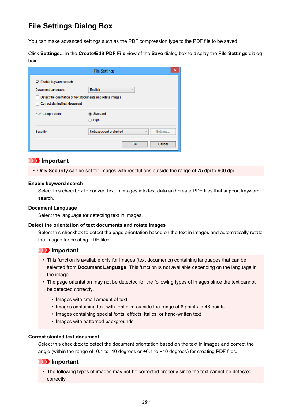 File settings dialog box, Refer to | Canon My Image Garden User Manual | Page 289 / 308
