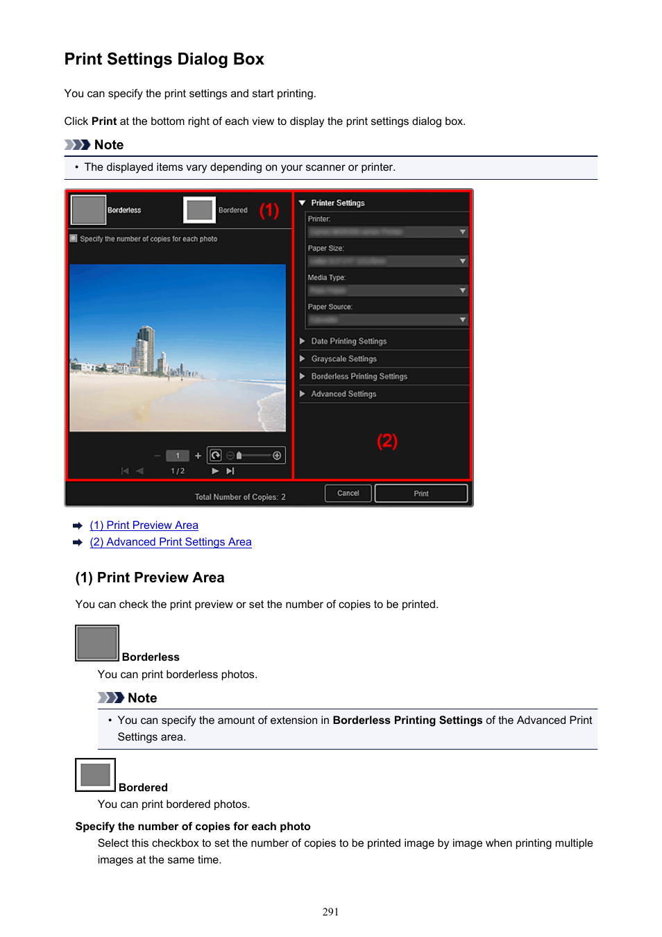 Print settings dialog box, Refer to, For details on the print settings dialog box | For the setting, For the setting procedure | Canon My Image Garden User Manual | Page 291 / 308
