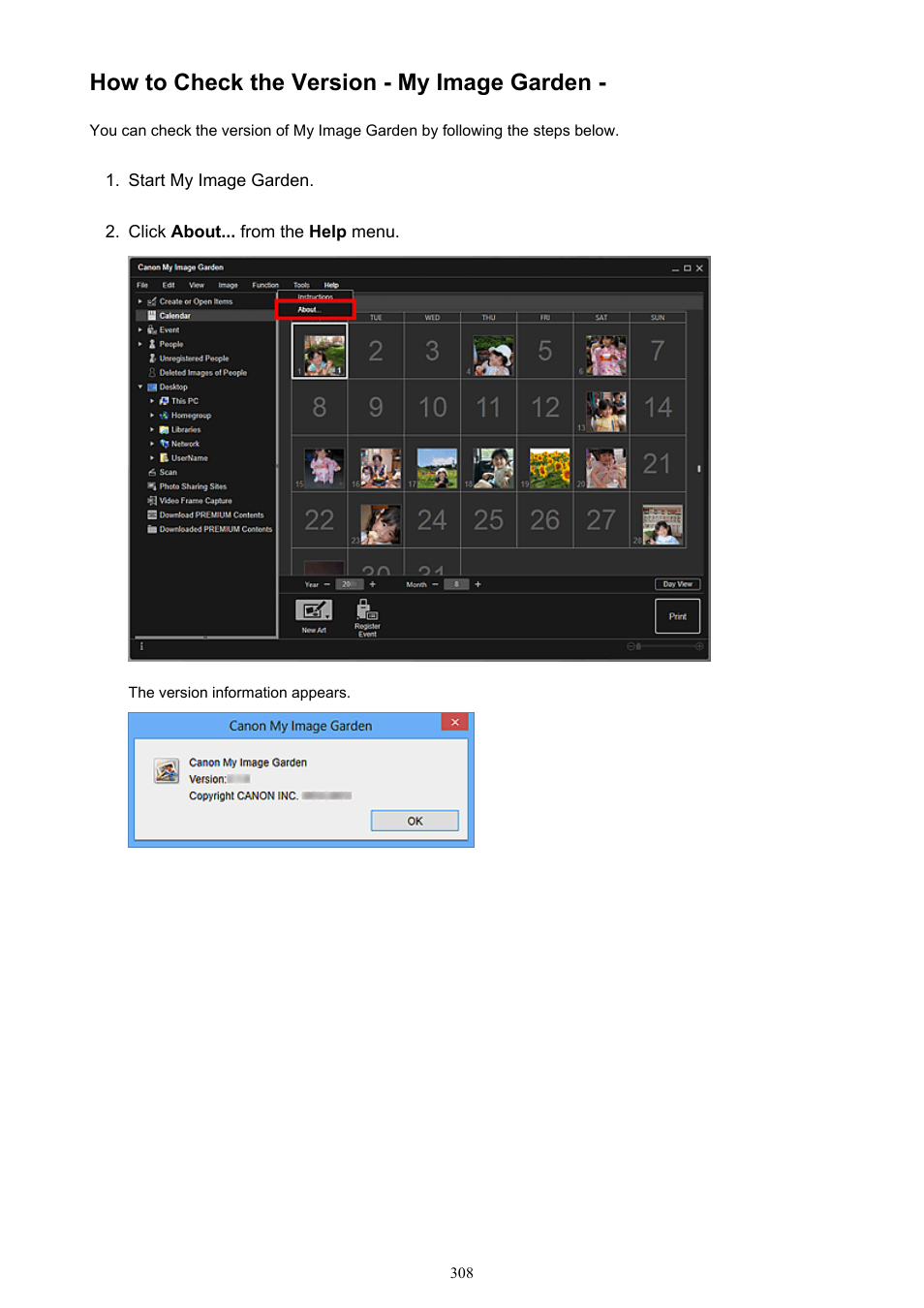 How to check the version - my image garden | Canon My Image Garden User Manual | Page 308 / 308