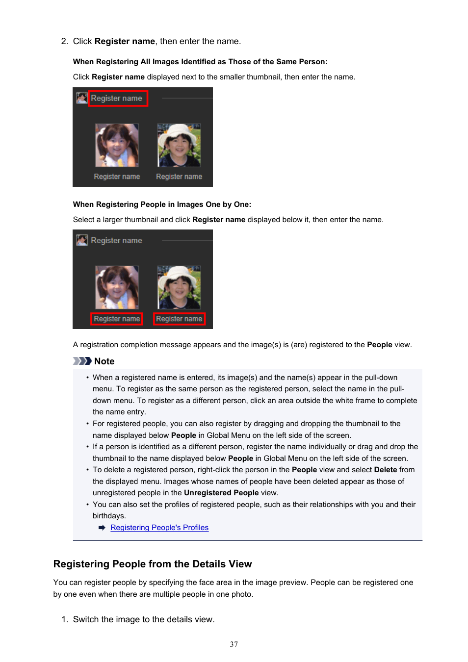 Registering people from the details view | Canon My Image Garden User Manual | Page 37 / 308