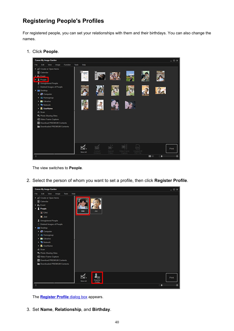Registering people's profiles | Canon My Image Garden User Manual | Page 40 / 308