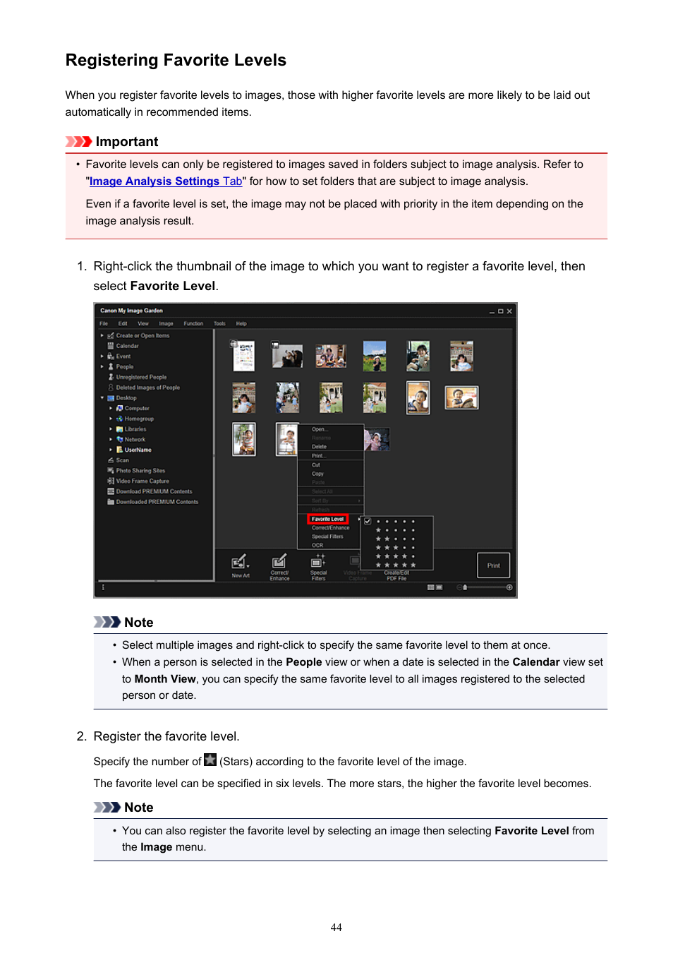 Registering favorite levels | Canon My Image Garden User Manual | Page 44 / 308