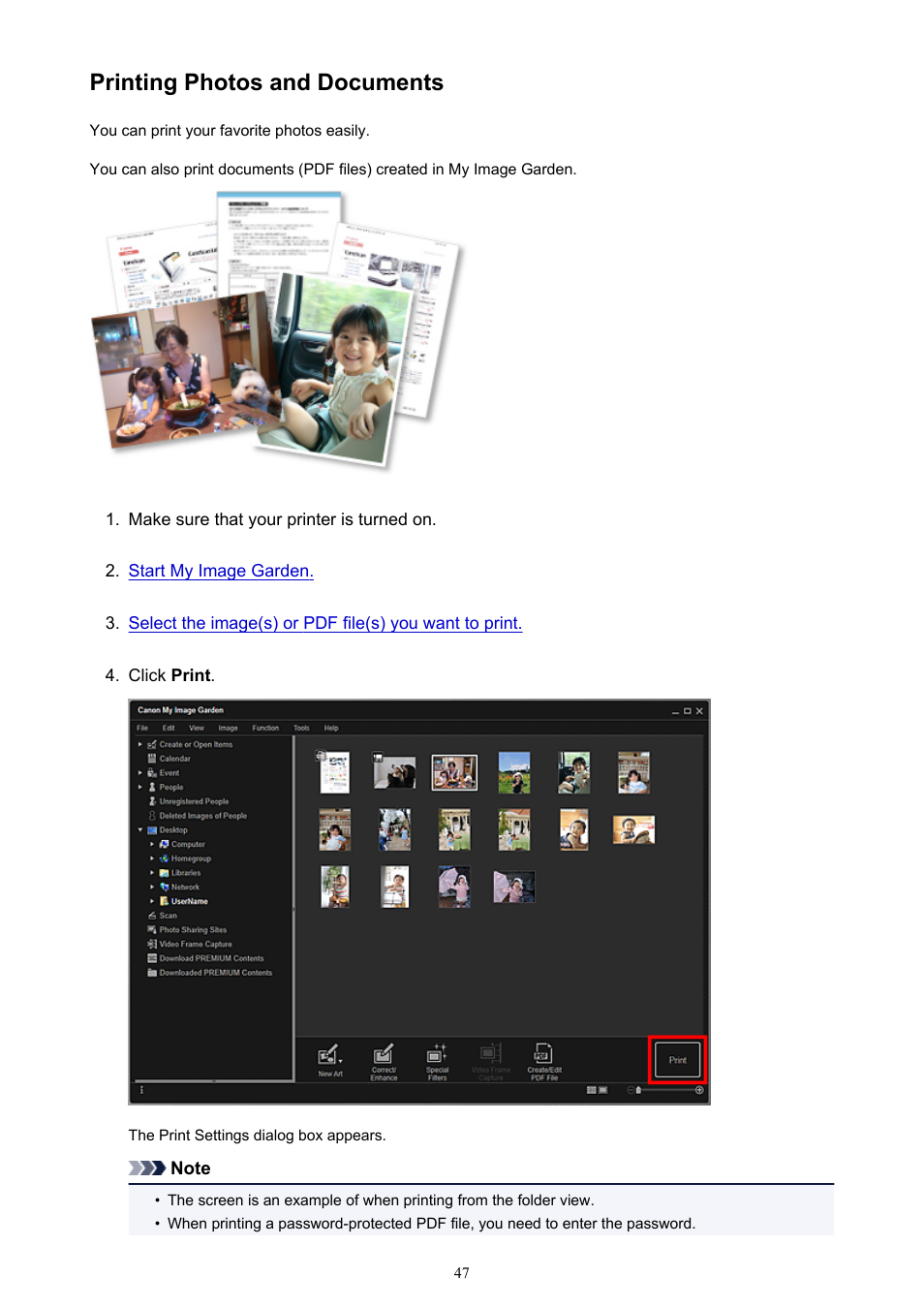Printing photos and documents | Canon My Image Garden User Manual | Page 47 / 308