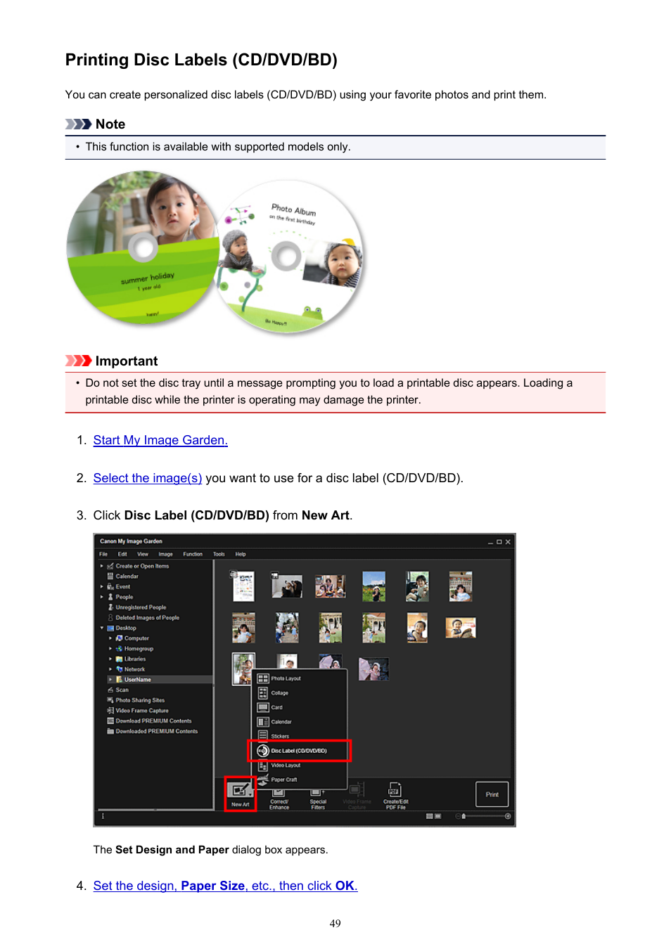 Printing disc labels (cd/dvd/bd) | Canon My Image Garden User Manual | Page 49 / 308