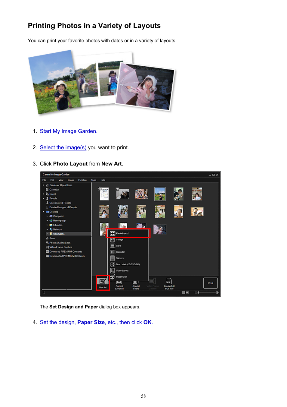 Printing photos in a variety of layouts | Canon My Image Garden User Manual | Page 58 / 308