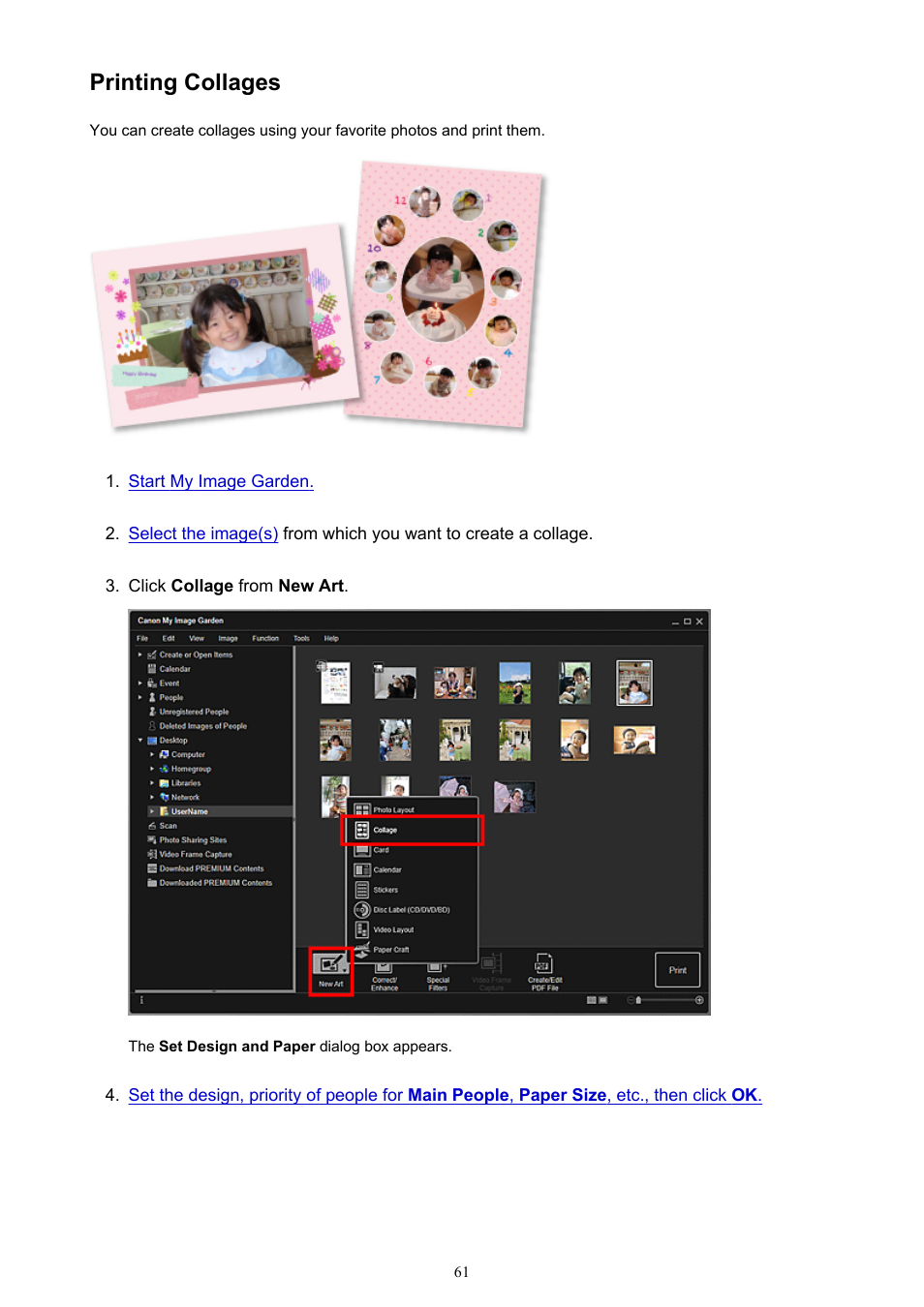 Printing collages | Canon My Image Garden User Manual | Page 61 / 308