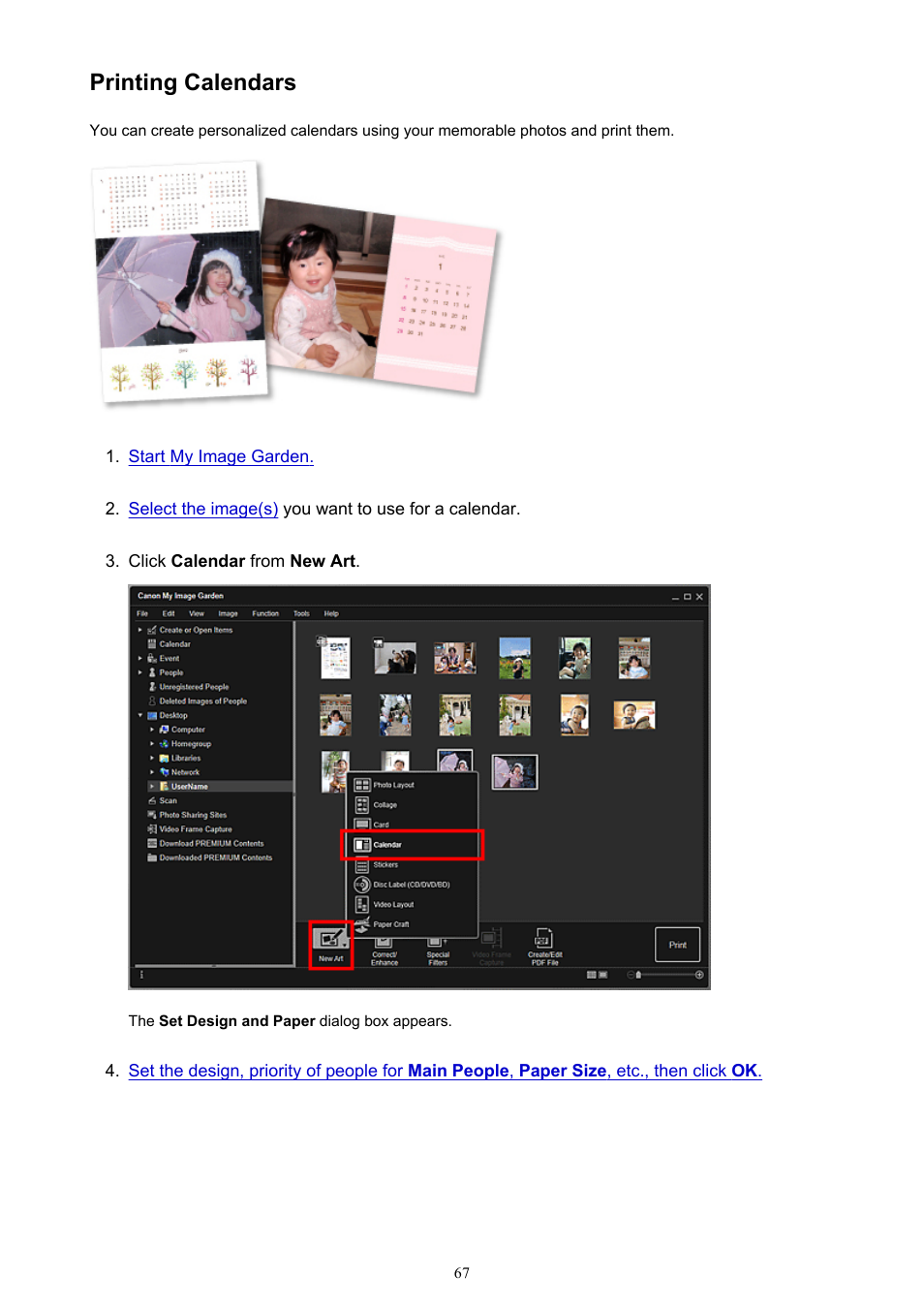 Printing calendars | Canon My Image Garden User Manual | Page 67 / 308