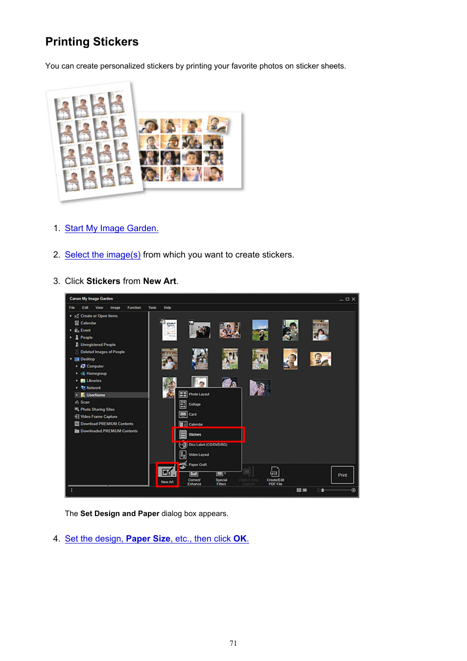 Printing stickers | Canon My Image Garden User Manual | Page 71 / 308