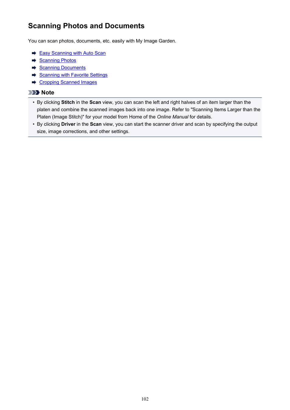 Scanning photos and documents | Canon My Image Garden User Manual | Page 102 / 304