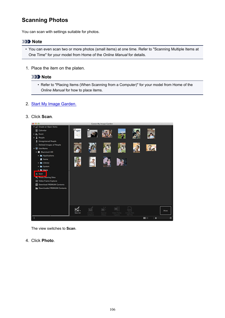 Scanning photos | Canon My Image Garden User Manual | Page 106 / 304