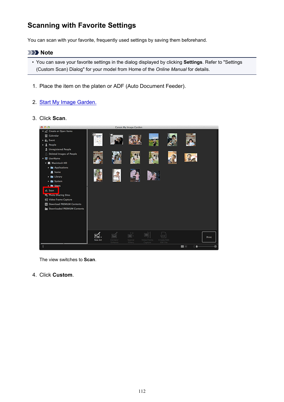 Scanning with favorite settings | Canon My Image Garden User Manual | Page 112 / 304