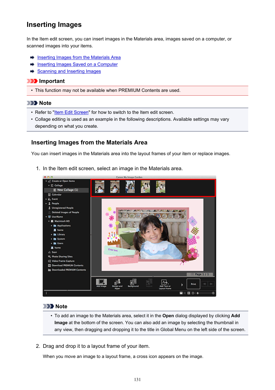 Inserting images, Refer to, Insert images | Canon My Image Garden User Manual | Page 131 / 304