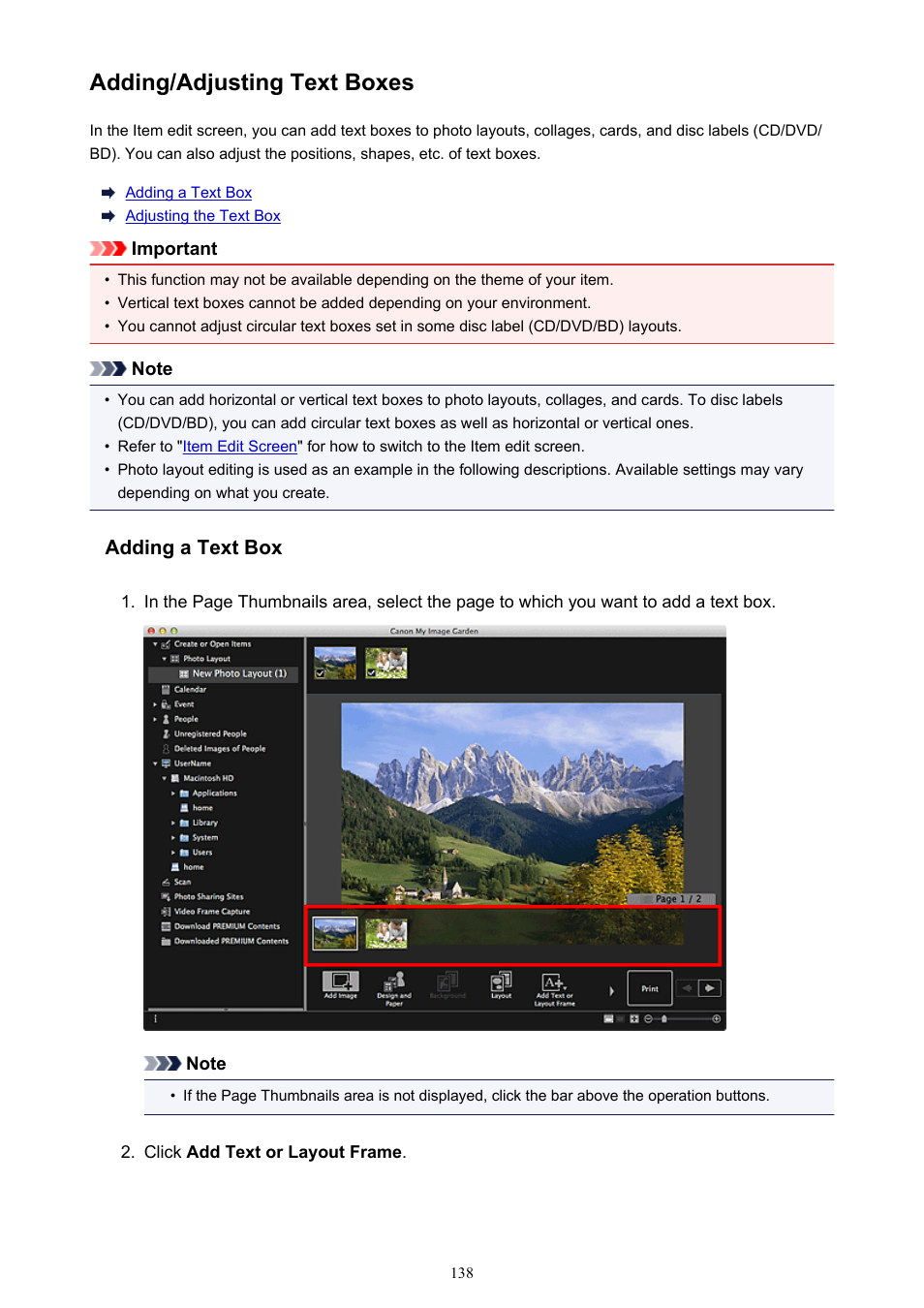 Adding/adjusting text boxes | Canon My Image Garden User Manual | Page 138 / 304