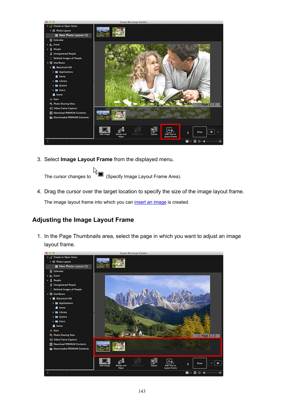 Adjusting the image layout frame | Canon My Image Garden User Manual | Page 143 / 304