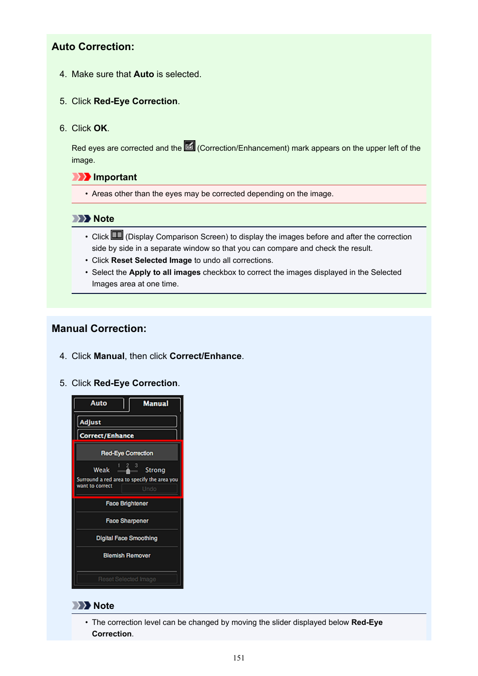 Auto correction, Manual correction | Canon My Image Garden User Manual | Page 151 / 304