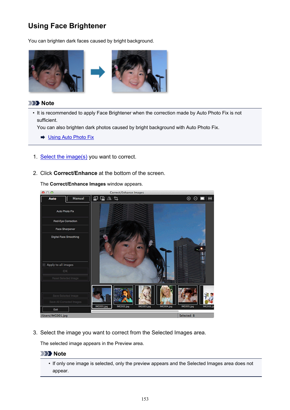Using face brightener | Canon My Image Garden User Manual | Page 153 / 304