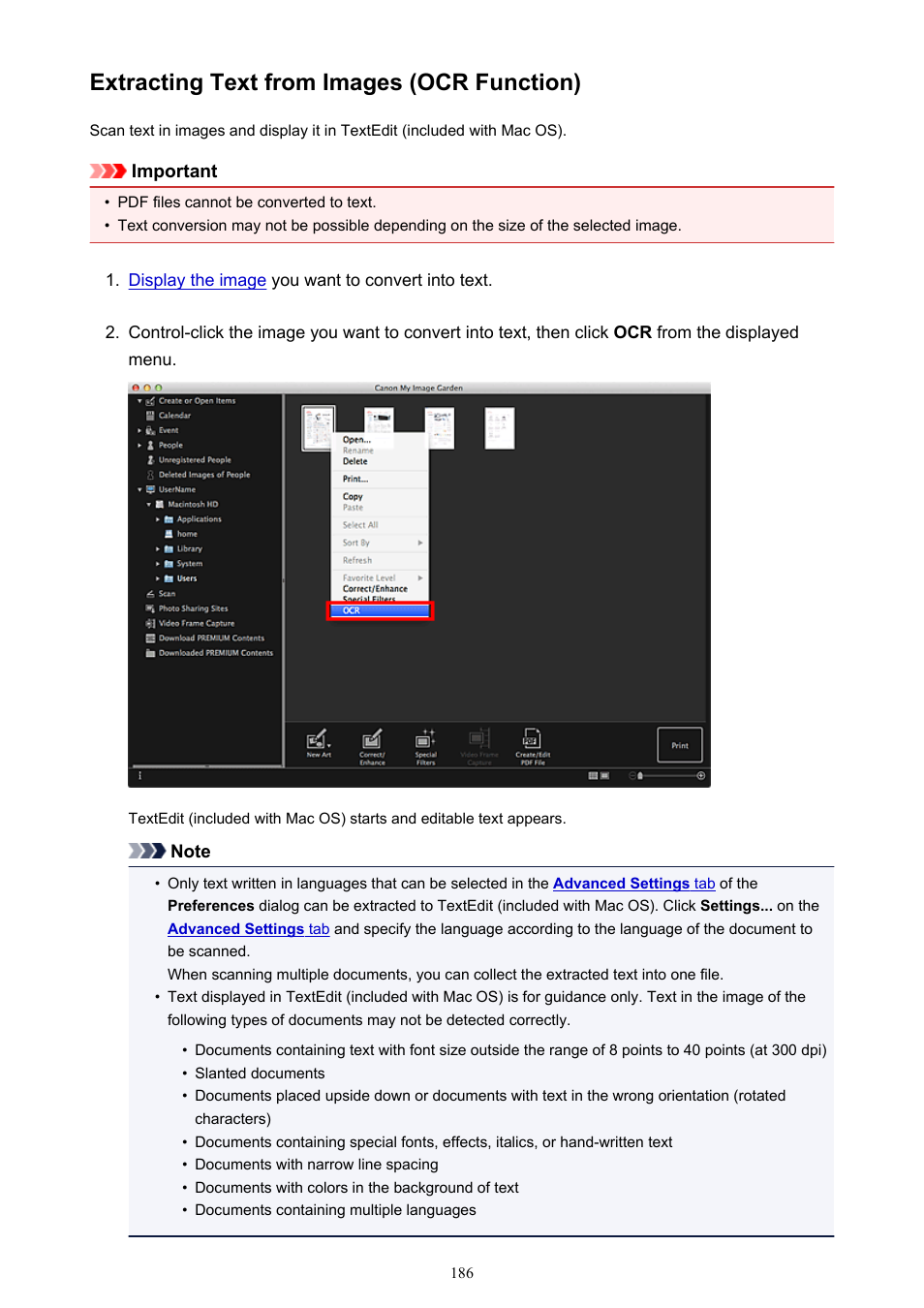Extracting text from images (ocr function) | Canon My Image Garden User Manual | Page 186 / 304