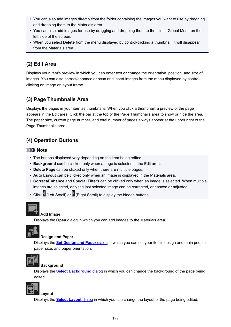 2) edit area, 3) page thumbnails area, 4) operation buttons | Canon My Image Garden User Manual | Page 198 / 304