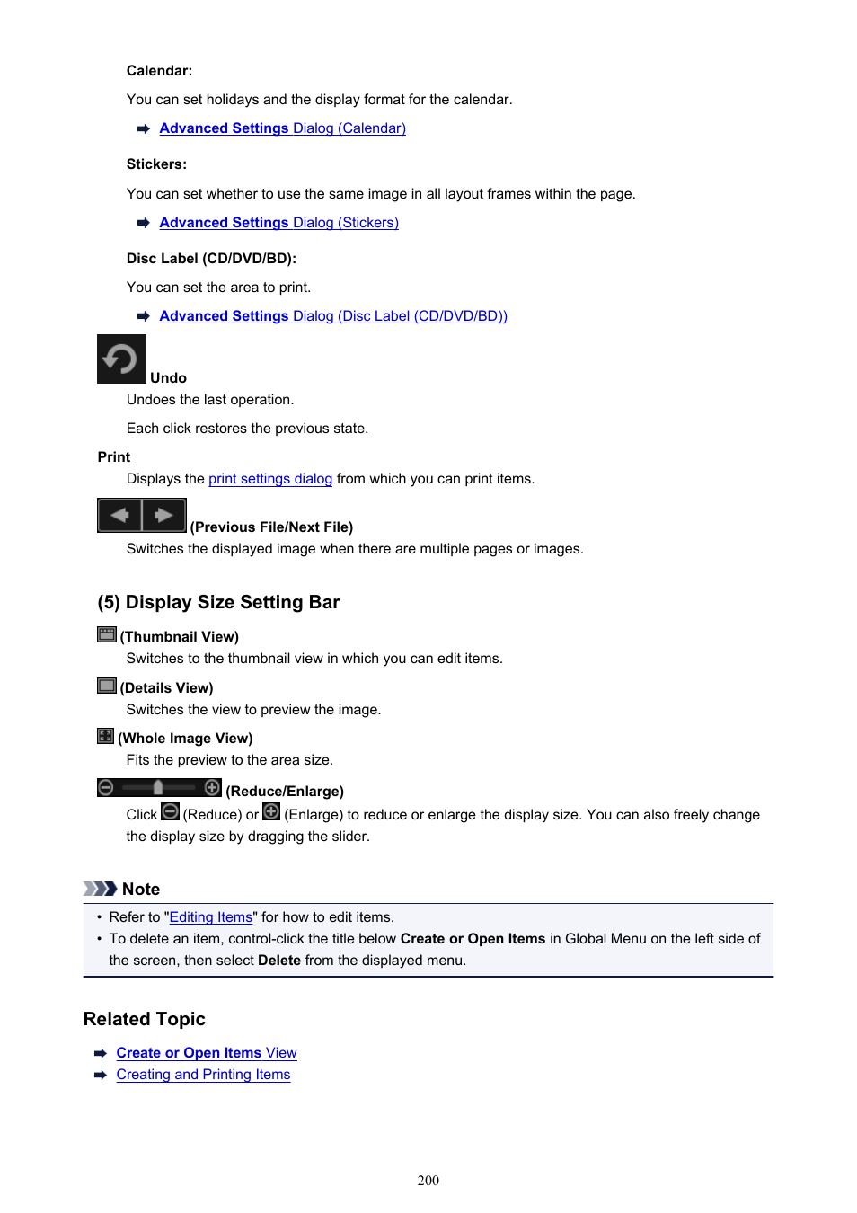 5) display size setting bar, Related topic | Canon My Image Garden User Manual | Page 200 / 304