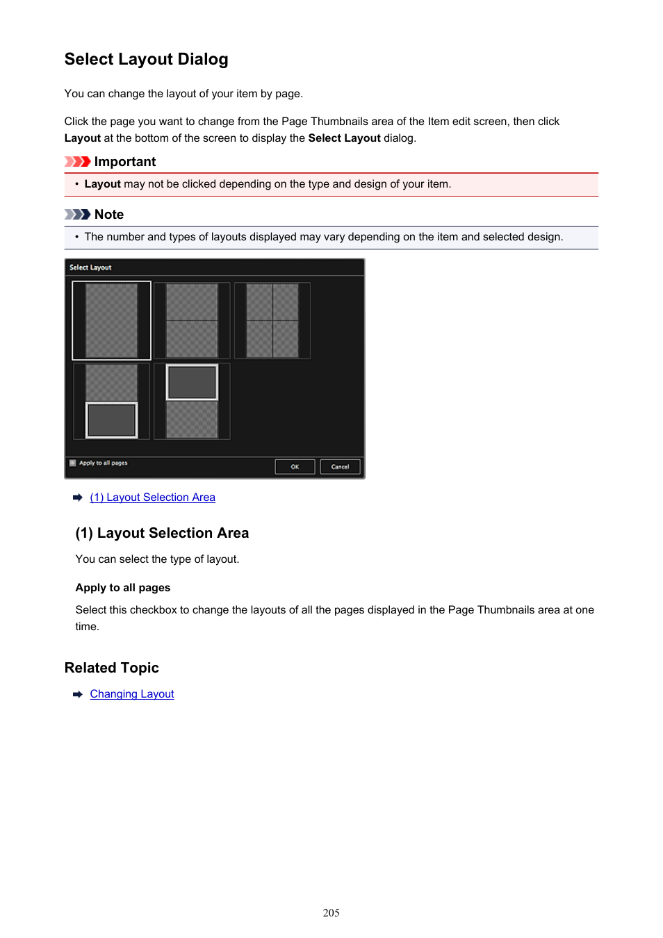 Select layout dialog | Canon My Image Garden User Manual | Page 205 / 304
