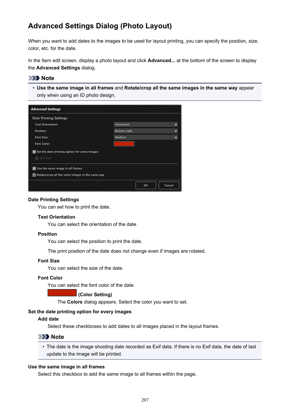 Advanced settings dialog (photo layout), Advanced settings dialog, Displayed by clicking | Canon My Image Garden User Manual | Page 207 / 304