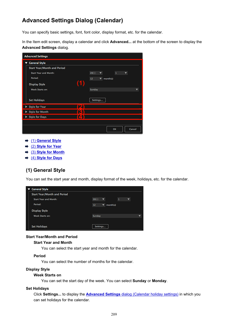 Advanced settings dialog (calendar) | Canon My Image Garden User Manual | Page 209 / 304