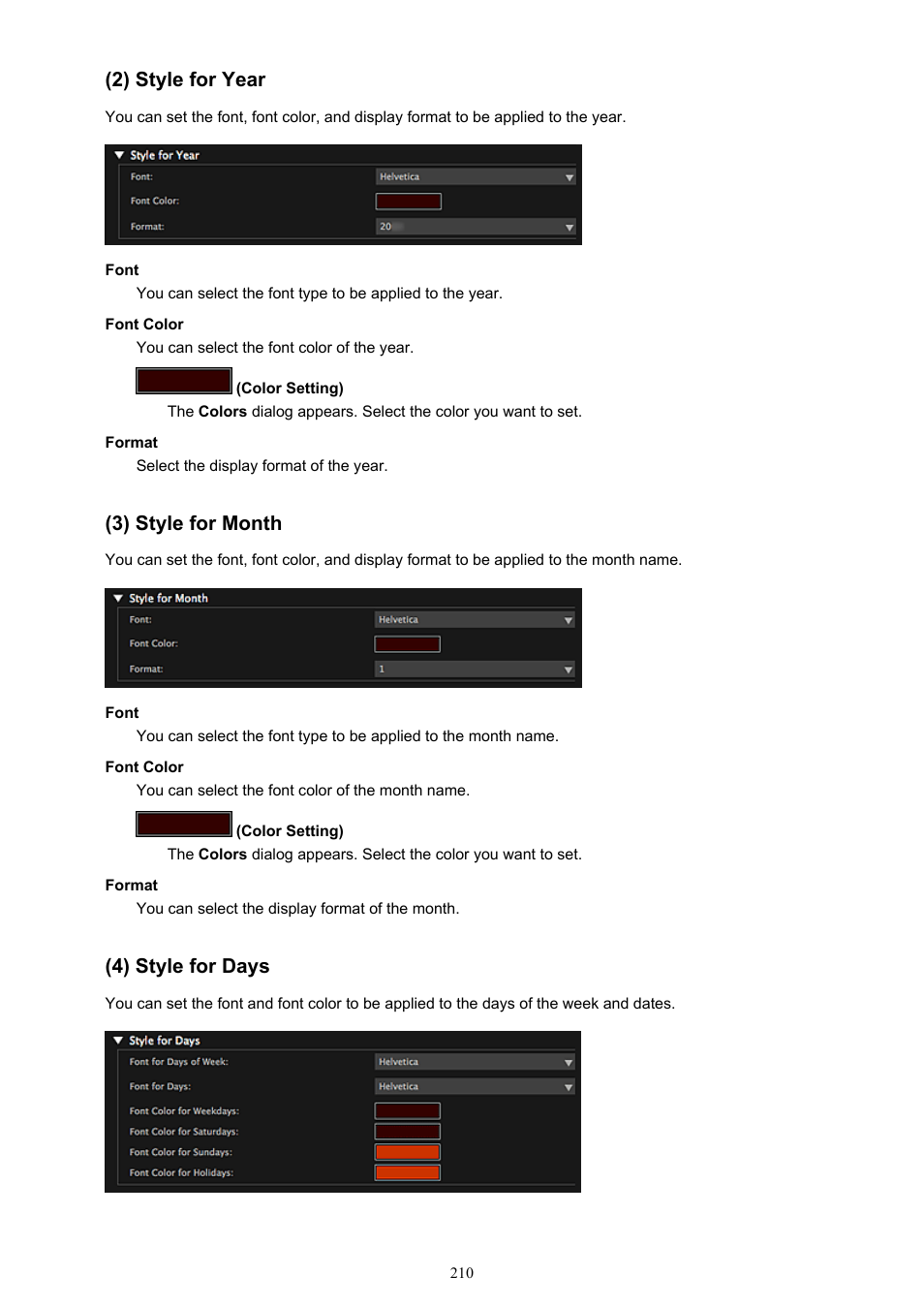 2) style for year, 3) style for month, 4) style for days | Canon My Image Garden User Manual | Page 210 / 304