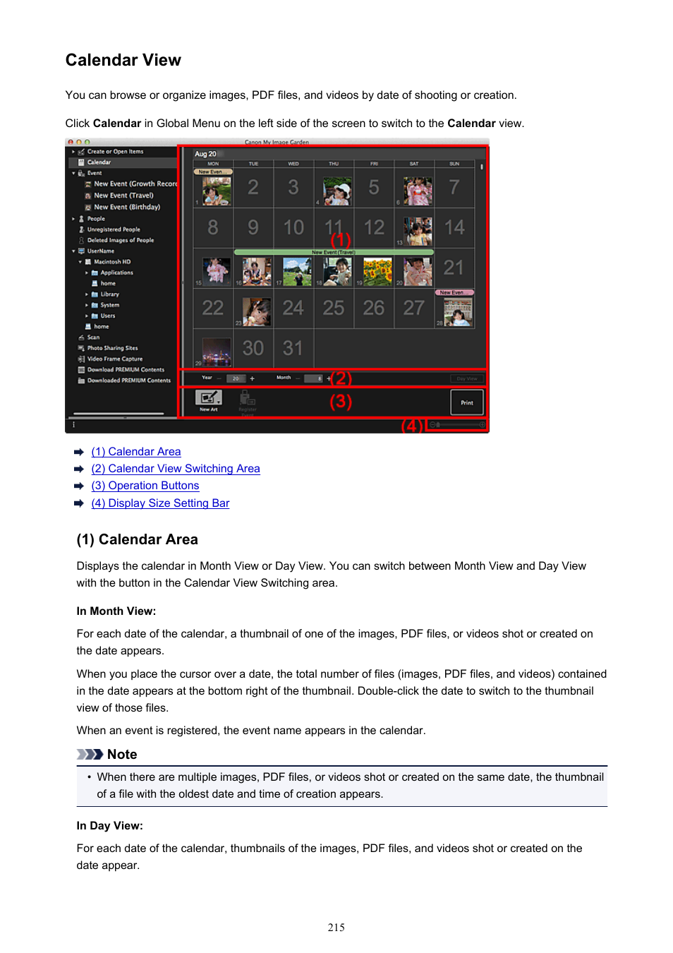 Calendar view, Switches to the | Canon My Image Garden User Manual | Page 215 / 304
