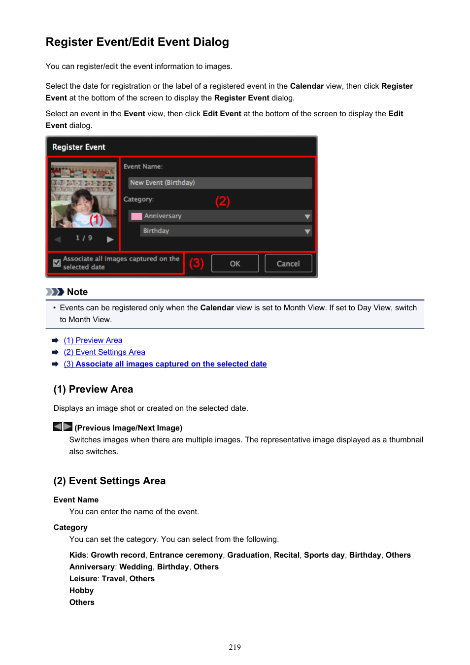 Register event/edit event dialog, Refer to, Register event / edit event dialog | Register event dialog | Canon My Image Garden User Manual | Page 219 / 304