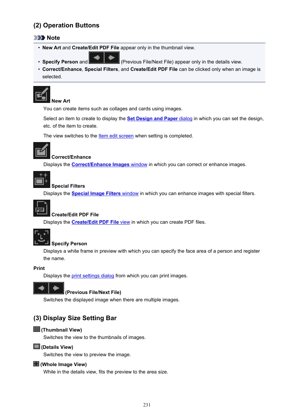2) operation buttons, 3) display size setting bar | Canon My Image Garden User Manual | Page 231 / 304